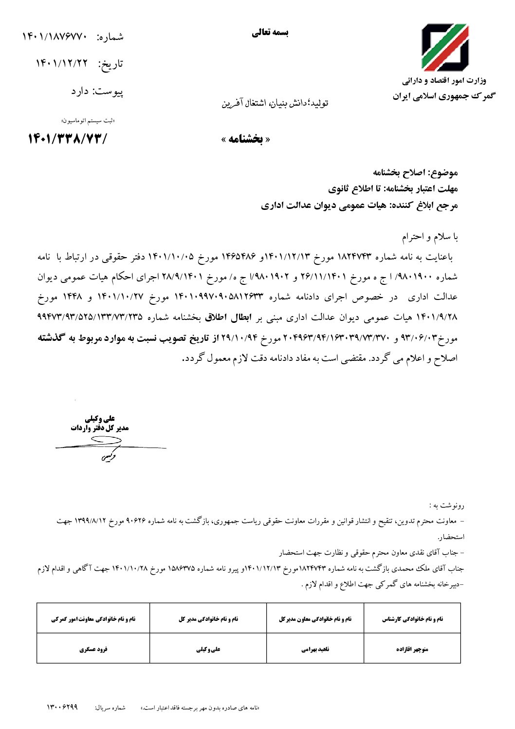 ابلاغ رای هیات عمومی دیوان عدالت اداری در خصوص ابطال اطلاق الزام به درج شماره سریال کالا و لوازم خانگی در اسناد اظهاری گمرک از تاریخ صدور بخشنامه ۲۳۵ سال ۹۳ و ۳۷۰ سال ۹۴ نسبت به موارد مربوط به گذشته